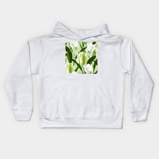 Large white / green parrot tulips on linen texture Kids Hoodie